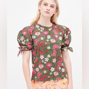 Zara Green Pink Floral Cotton Puff Tie Sleeve Crop Top Size Small Cottagecore